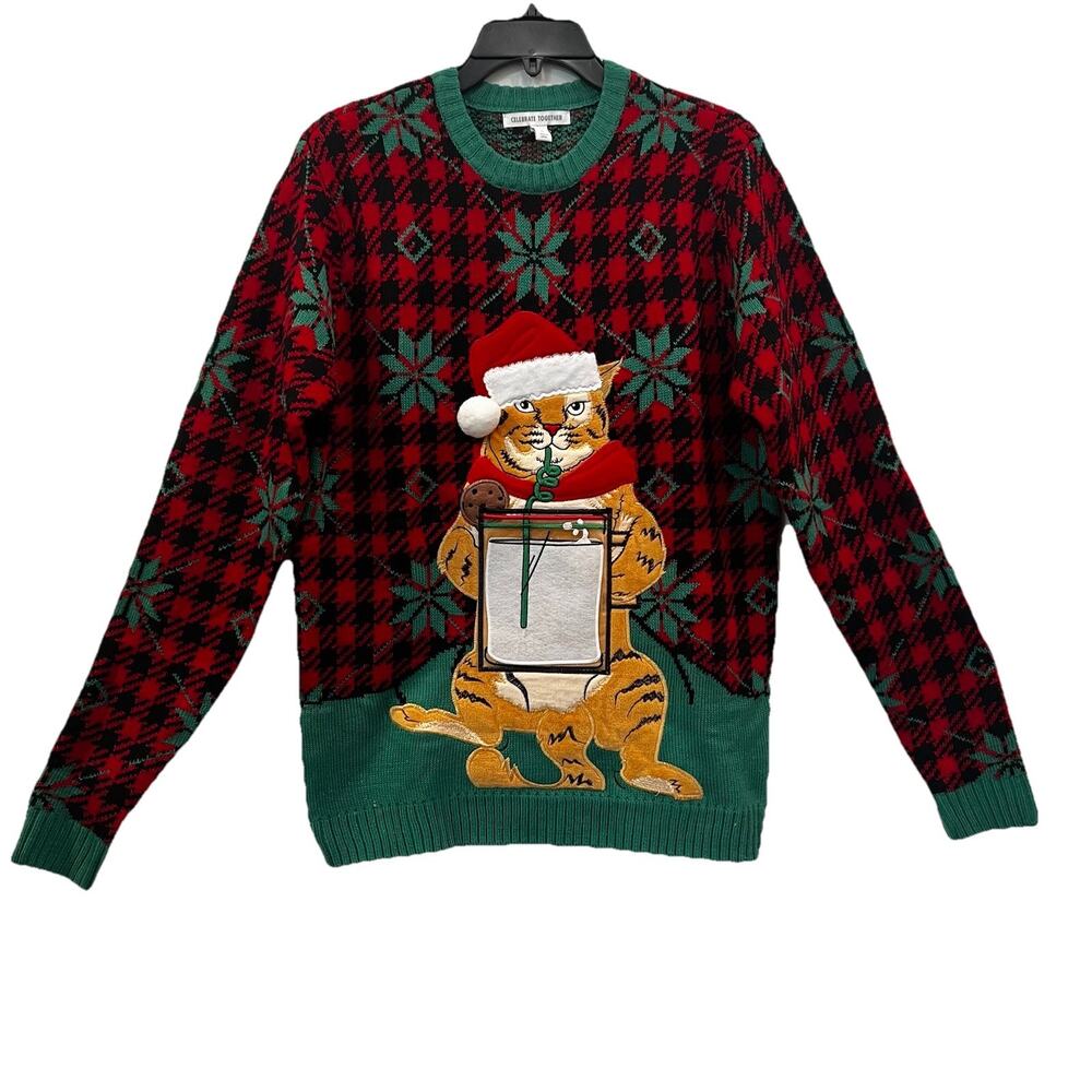 Celebrate Together Ugly Christmas Sweater‎ 3D Drink Pocket Holiday Hat Med Cat